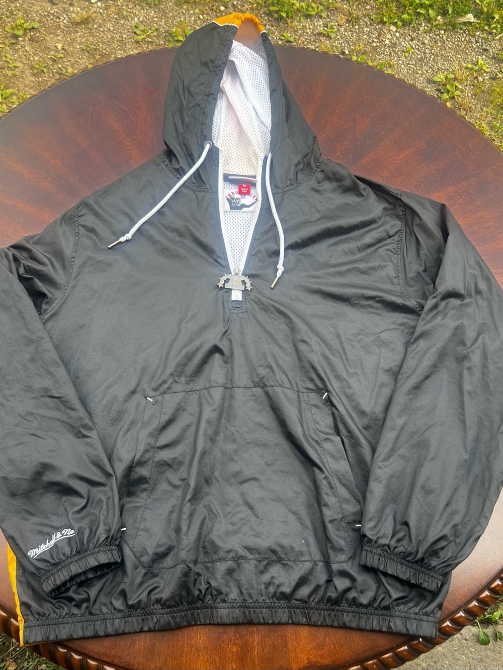 Mitchell & Ness Black Pullover Hooded Windbreaker with Yellow Trim